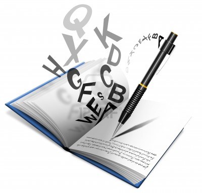 10877445-livre-ou-un-cahier-avec-un-crayon-qui-ecrit-des-lettres-dispersees